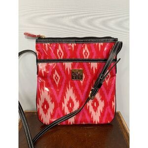 Maude Asbury Crossbody Purse Bag Laminated Fabric Ikat Print Red Pink Black